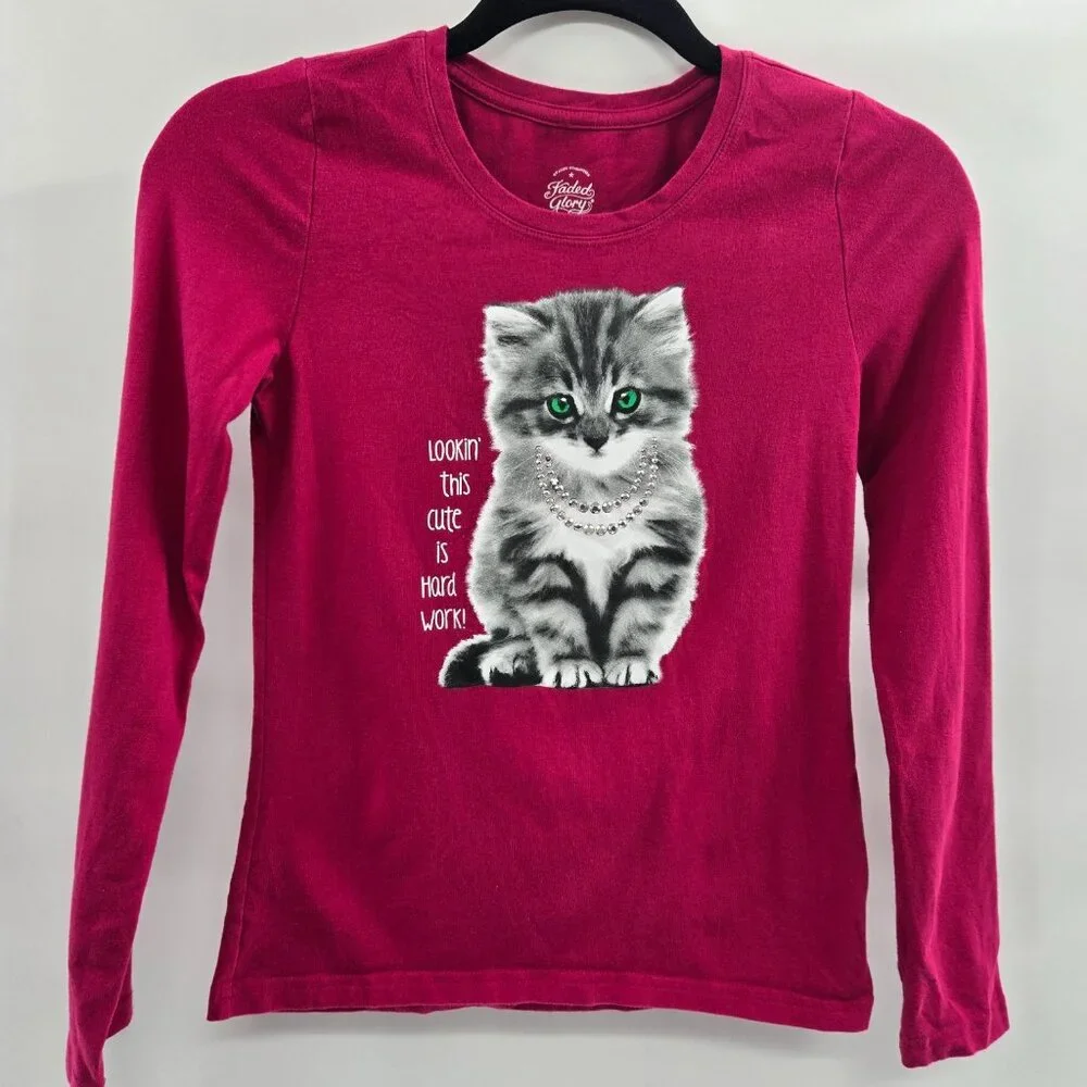 Faded Glory Bright Pink Girl's Beaded Kitten Long Sleeved Shirt Large 10